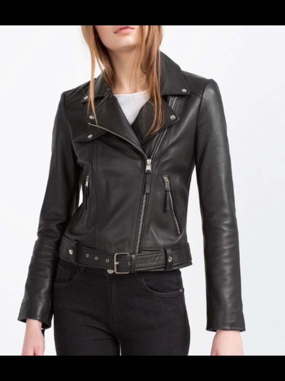 Zara Black Leather Moto Jacket with Belt